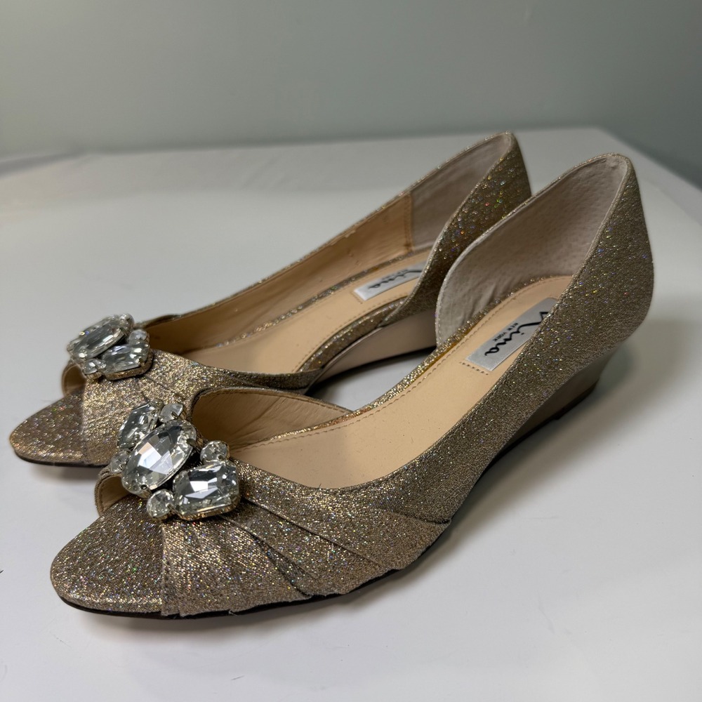 Nina Romina-YF Taupe Glitter Crystal Embellished Peep Toe‎ Wedge Sandals 7.5M